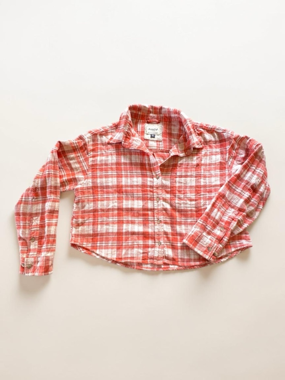 American Eagle Cropped Plaid Flannel Button Down Distressed Elbows Boxy Fit Sz M